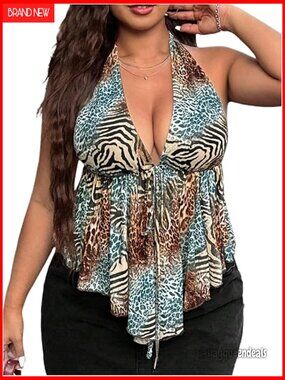 Plus Size Halter Top Y2K Peplum Ruffle Asymmetrical Sleeveless Summer Top